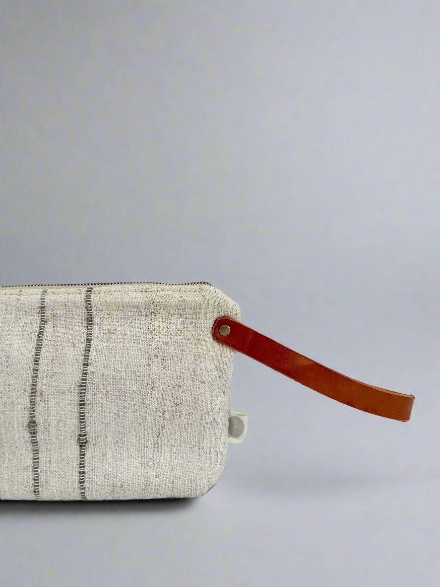 Grain-sack Workers Pouch with Leather handle - olive green stripe