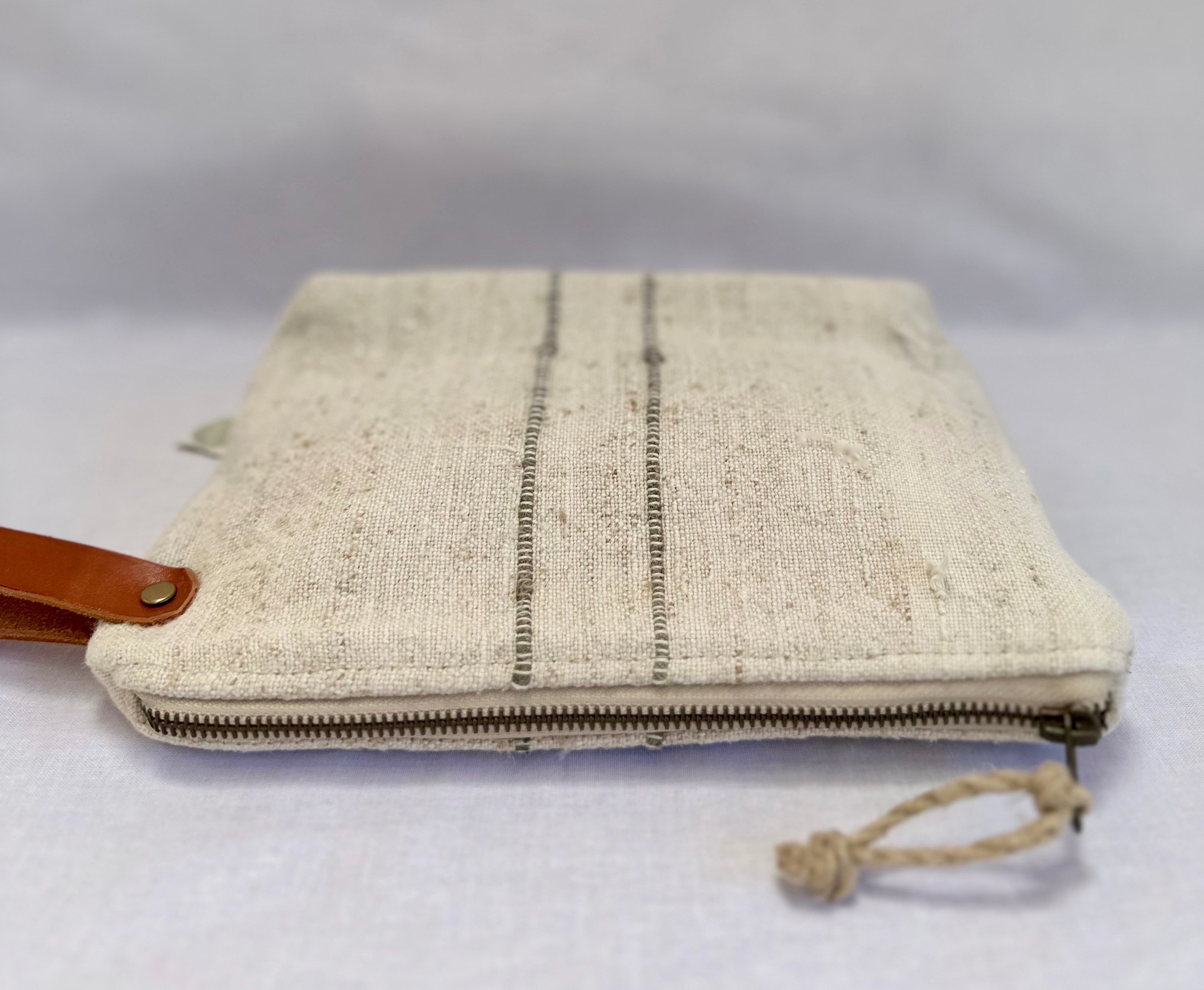 Grain-sack Workers Pouch with Leather handle - olive green stripe