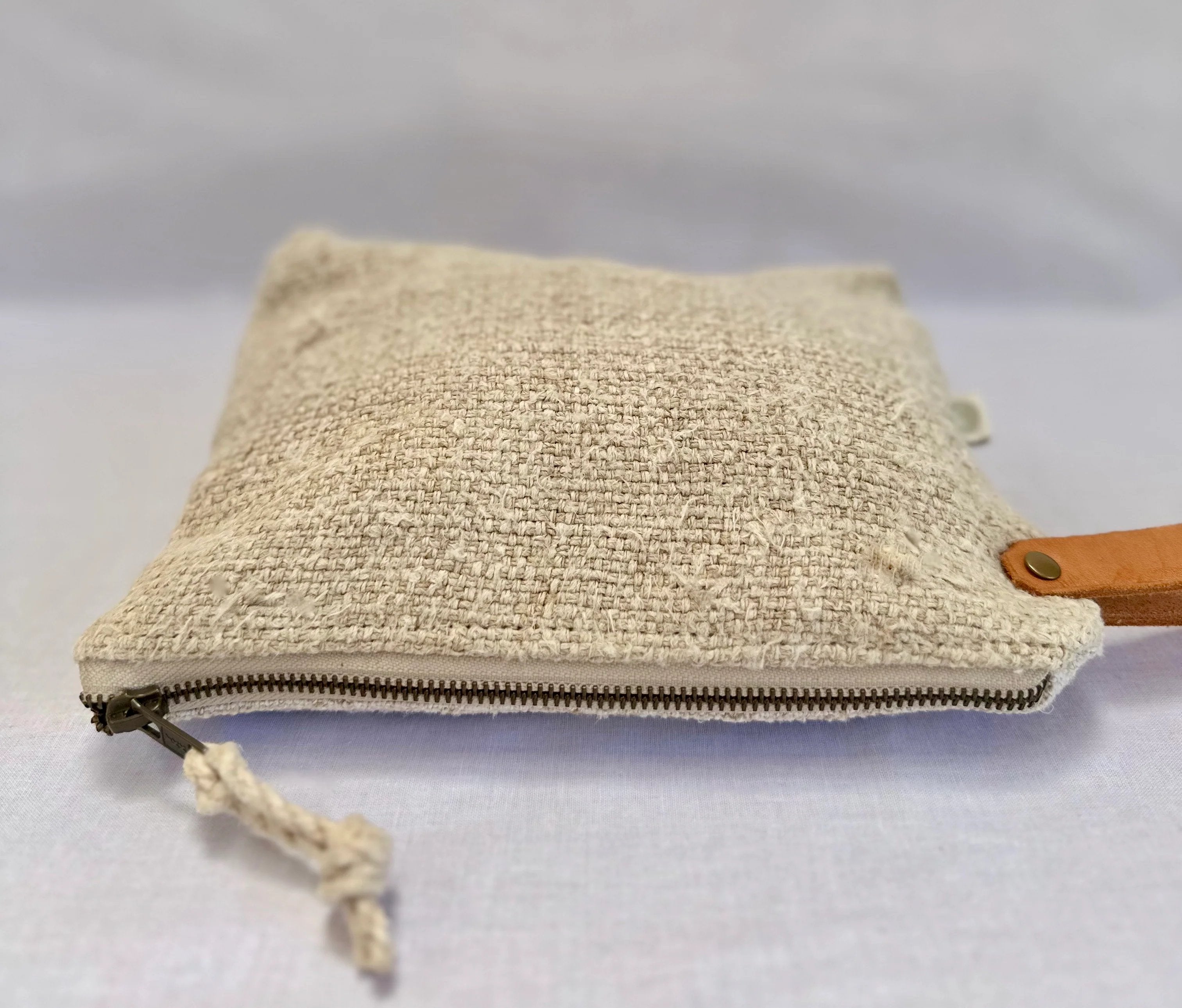 Grain-sack Boro inspired Workers Pouch with Leather handle