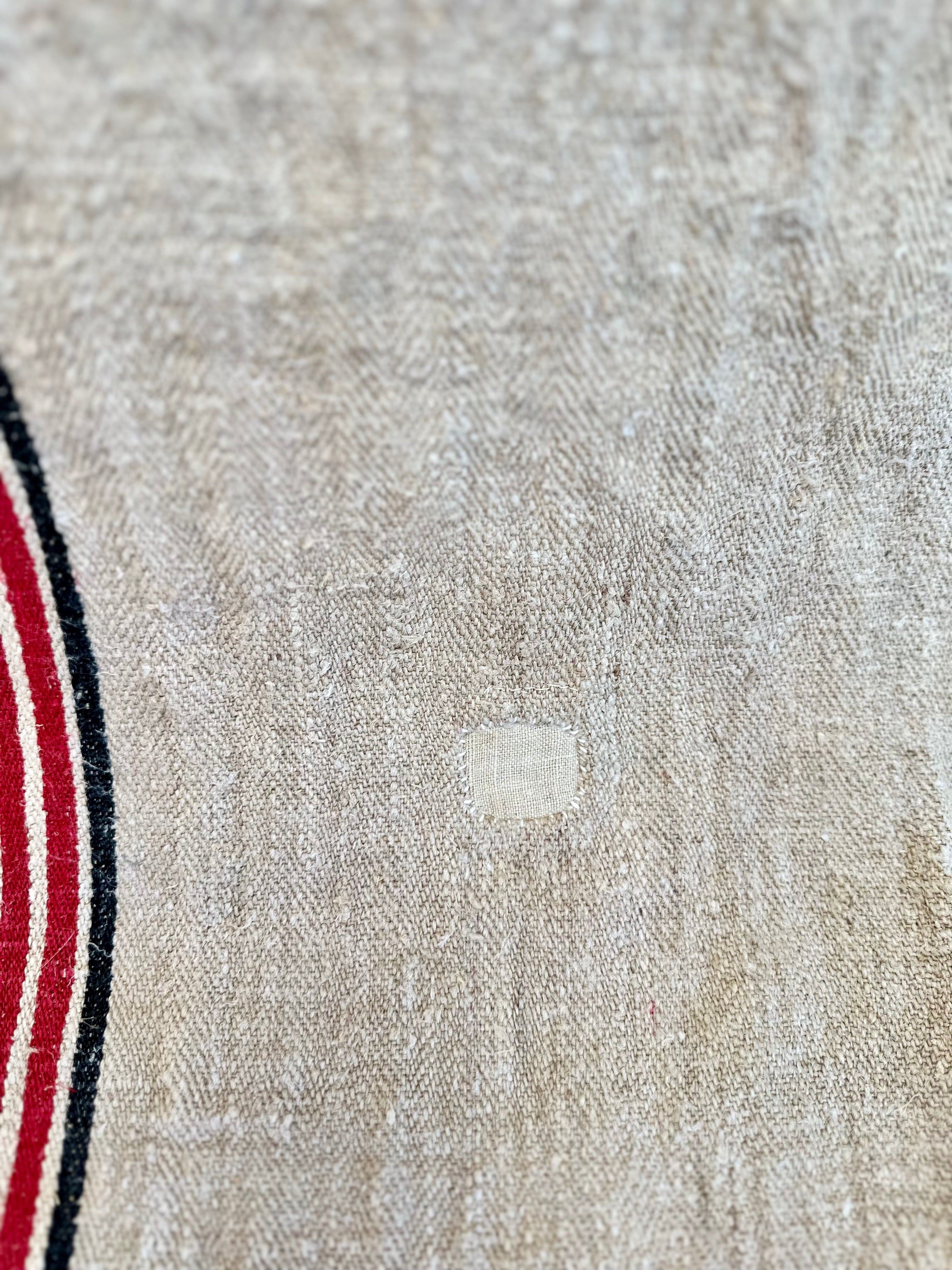 Grain-sack table runner- Black & red Stripe with patching