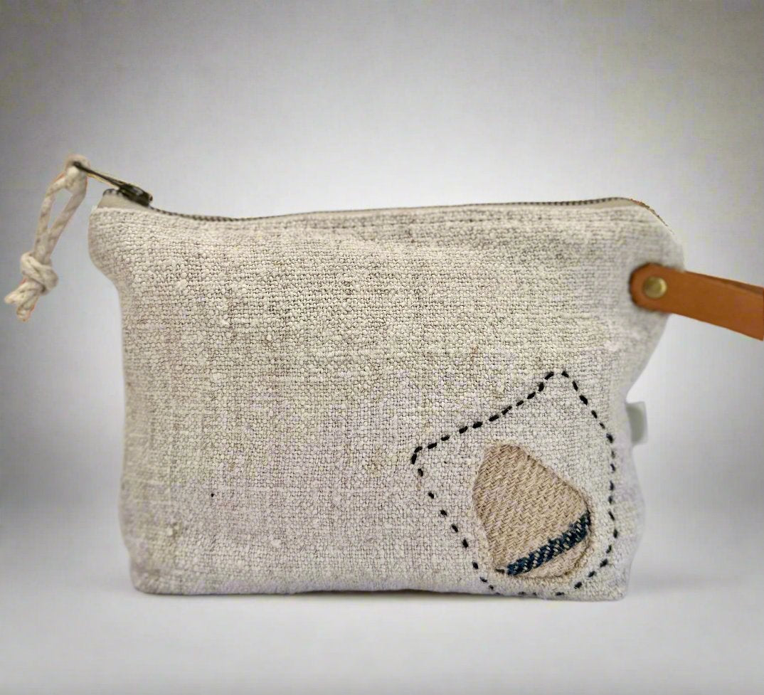 Grain-sack Boro inspired Workers Pouch with Leather handle