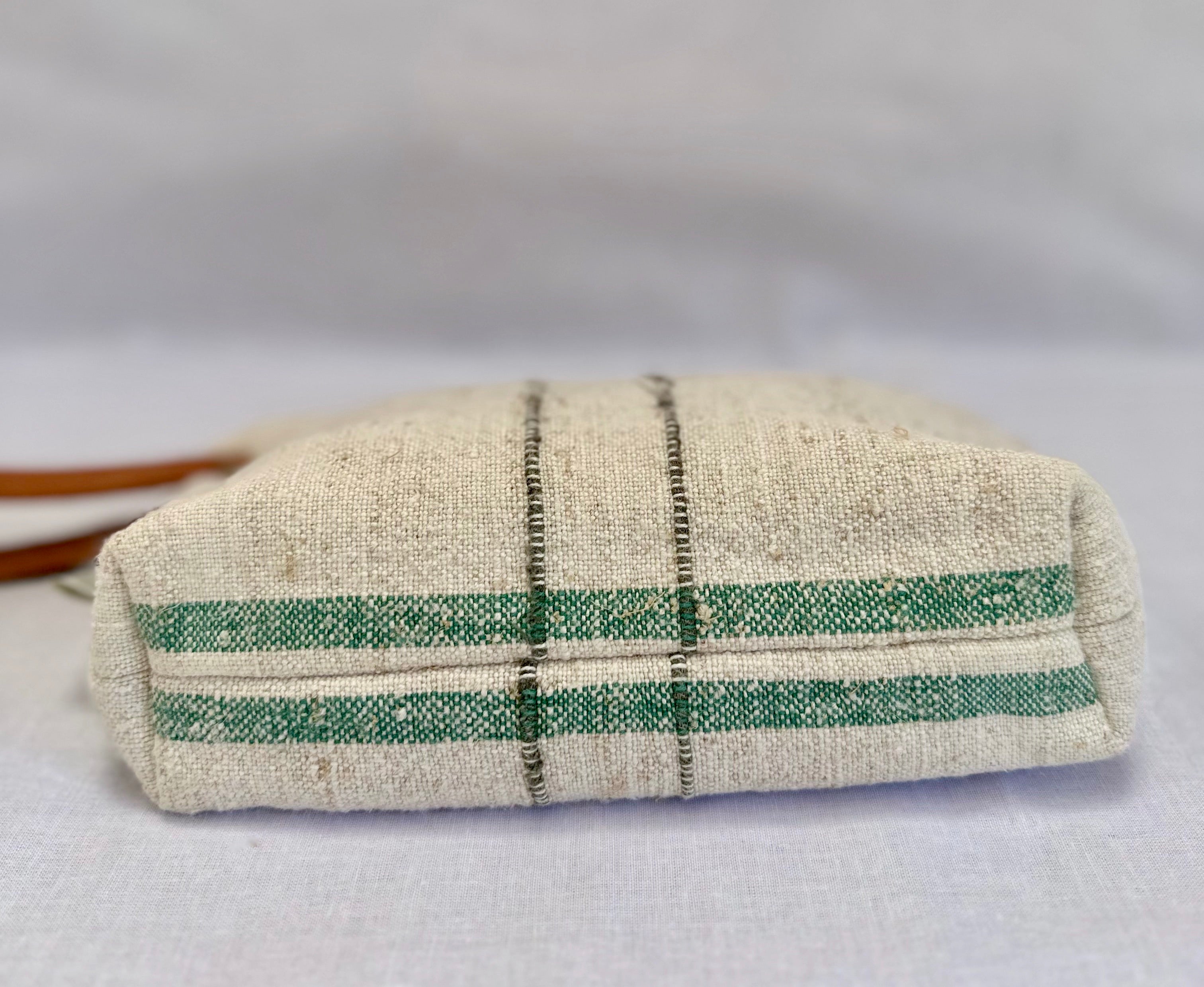 Grain-sack Workers Pouch with Leather handle - olive green stripe