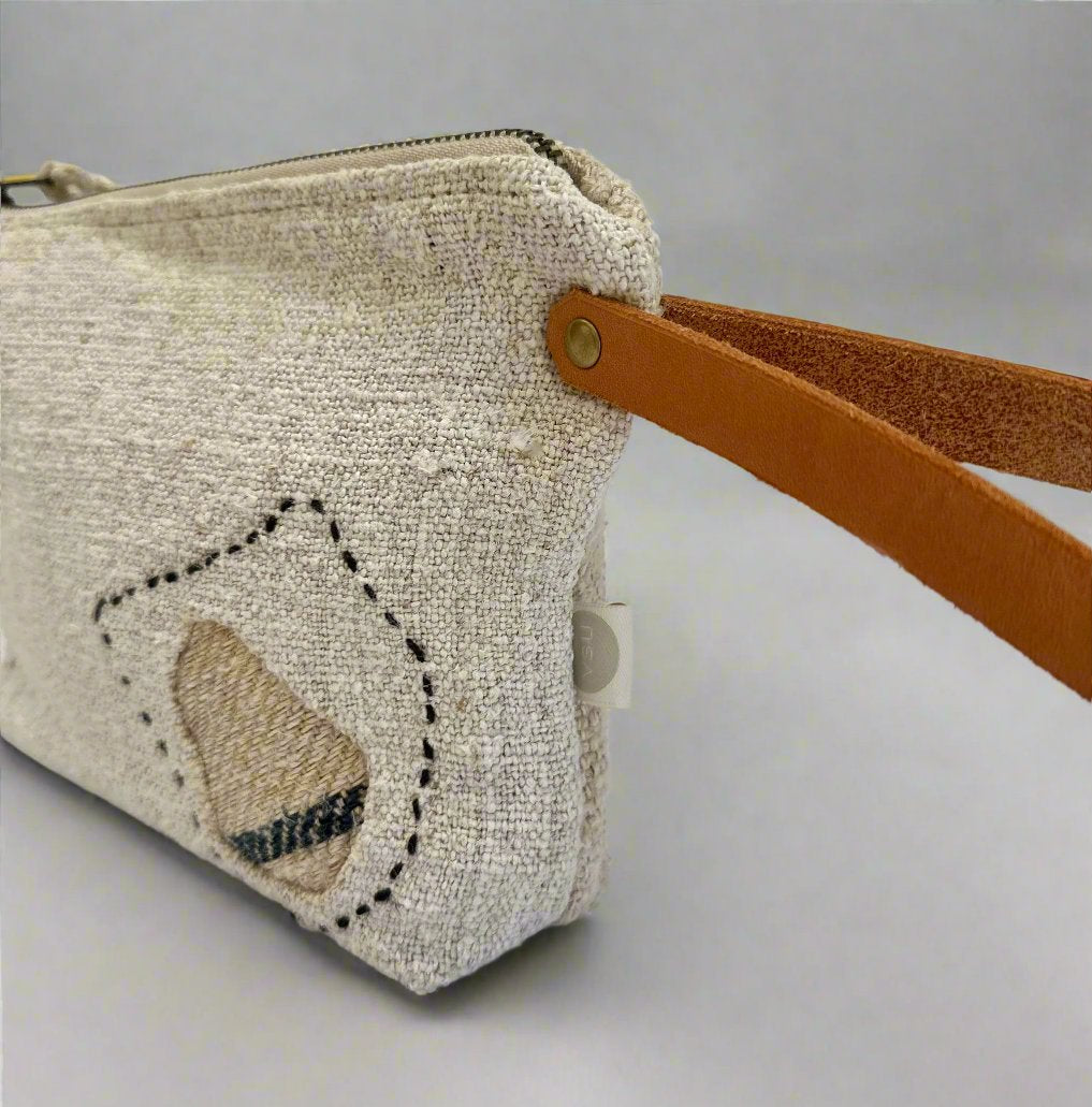 Grain-sack Boro inspired Workers Pouch with Leather handle