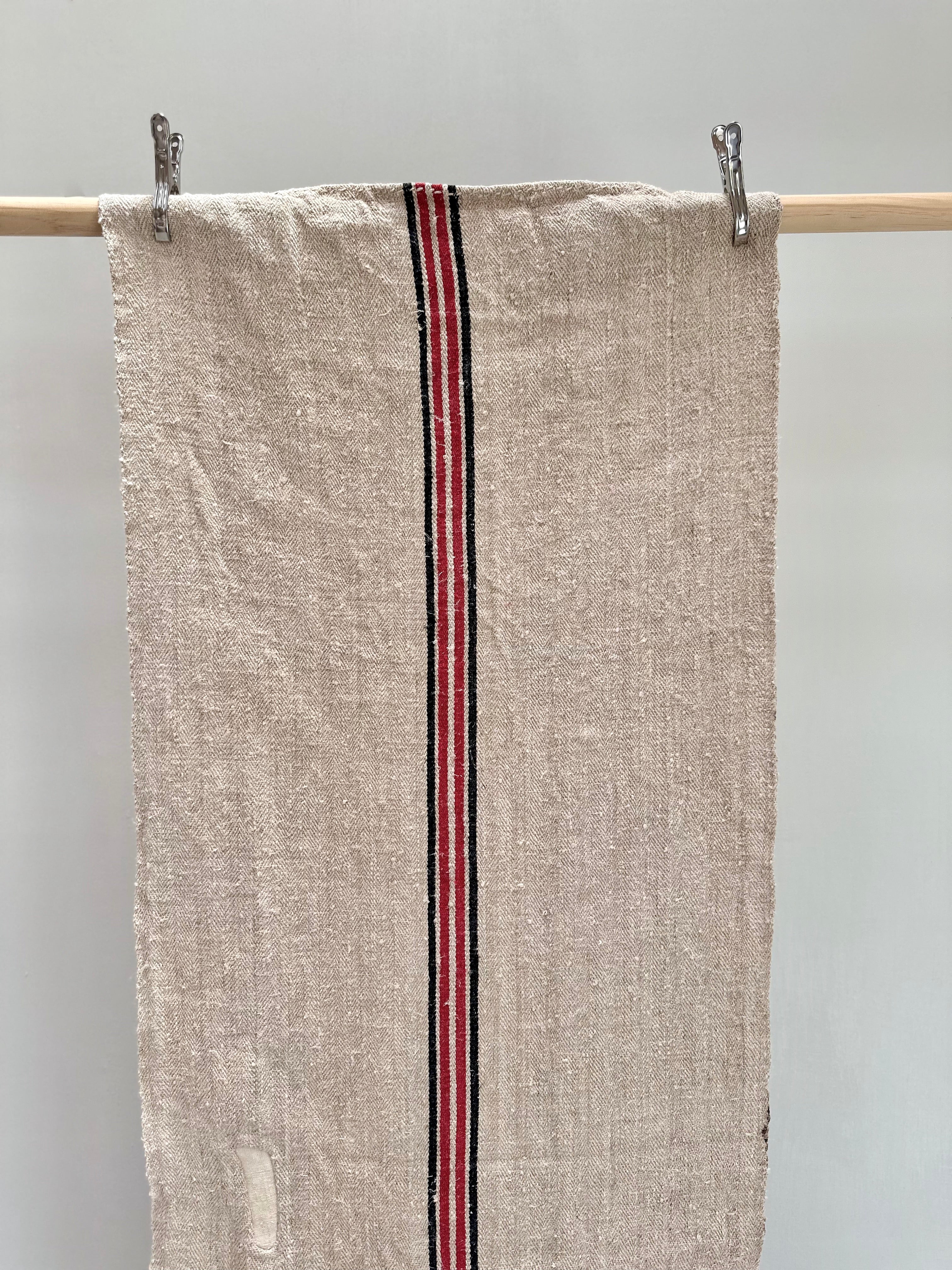 Grain-sack table runner- Black & red Stripe with patching