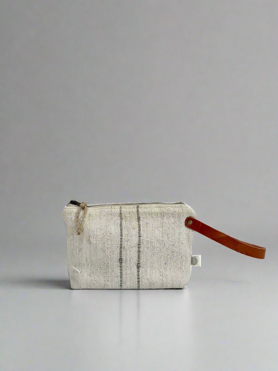 Grain-sack Workers Pouch with Leather handle - olive green stripe