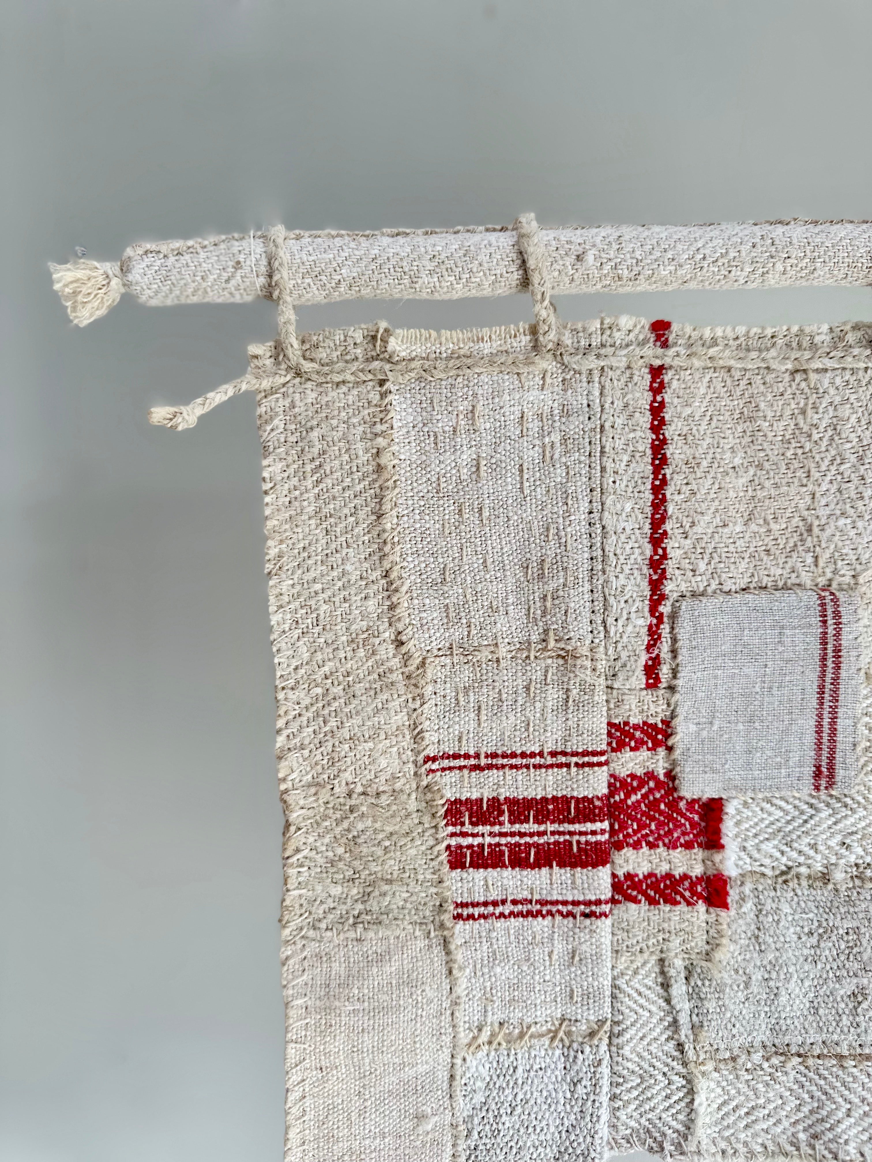 'Trove of Red' Miniature grain-sack patched art on bar