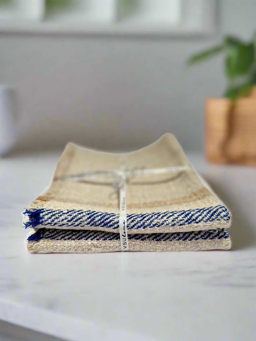 Grain-sack Placemat Red stripe blue / tan stripe x 2 bundle