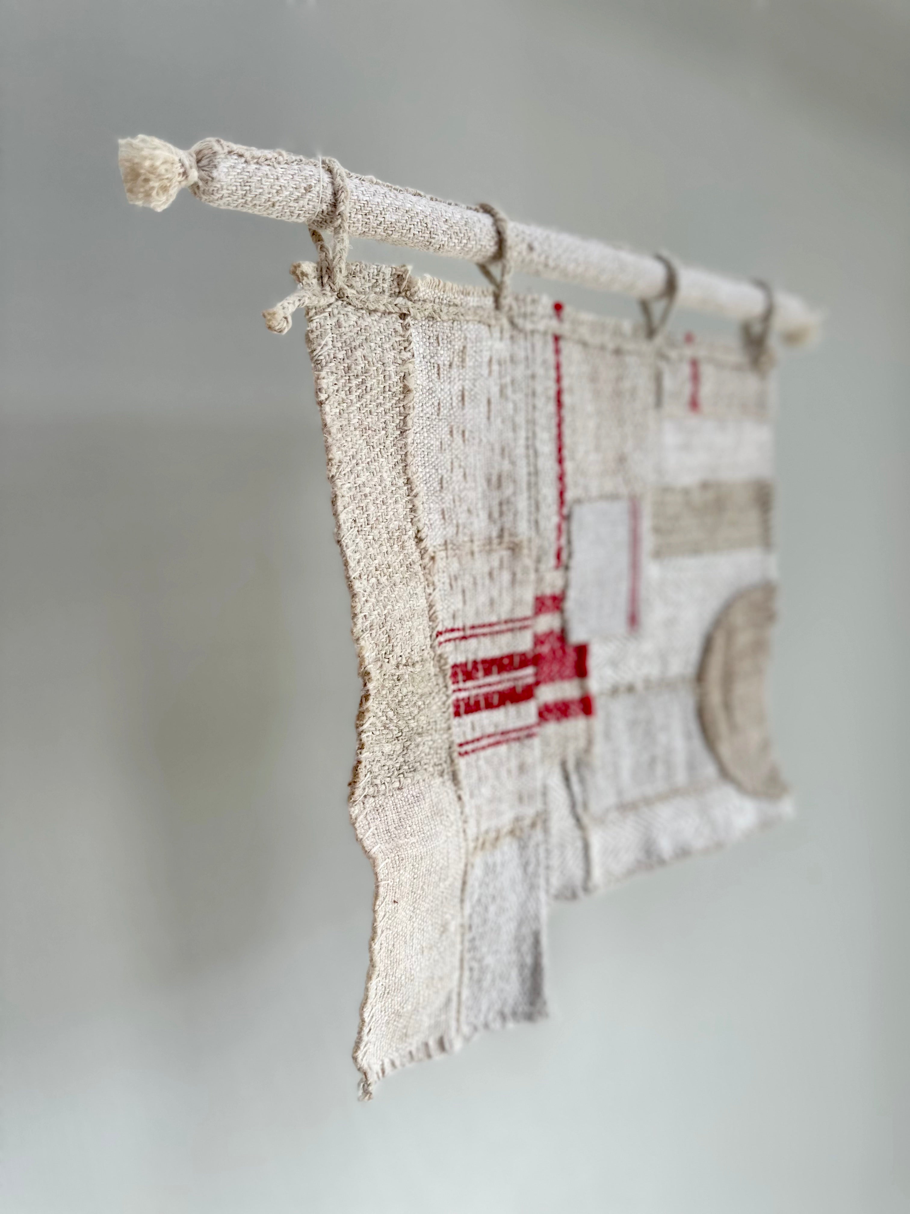 'Trove of Red' Miniature grain-sack patched art on bar