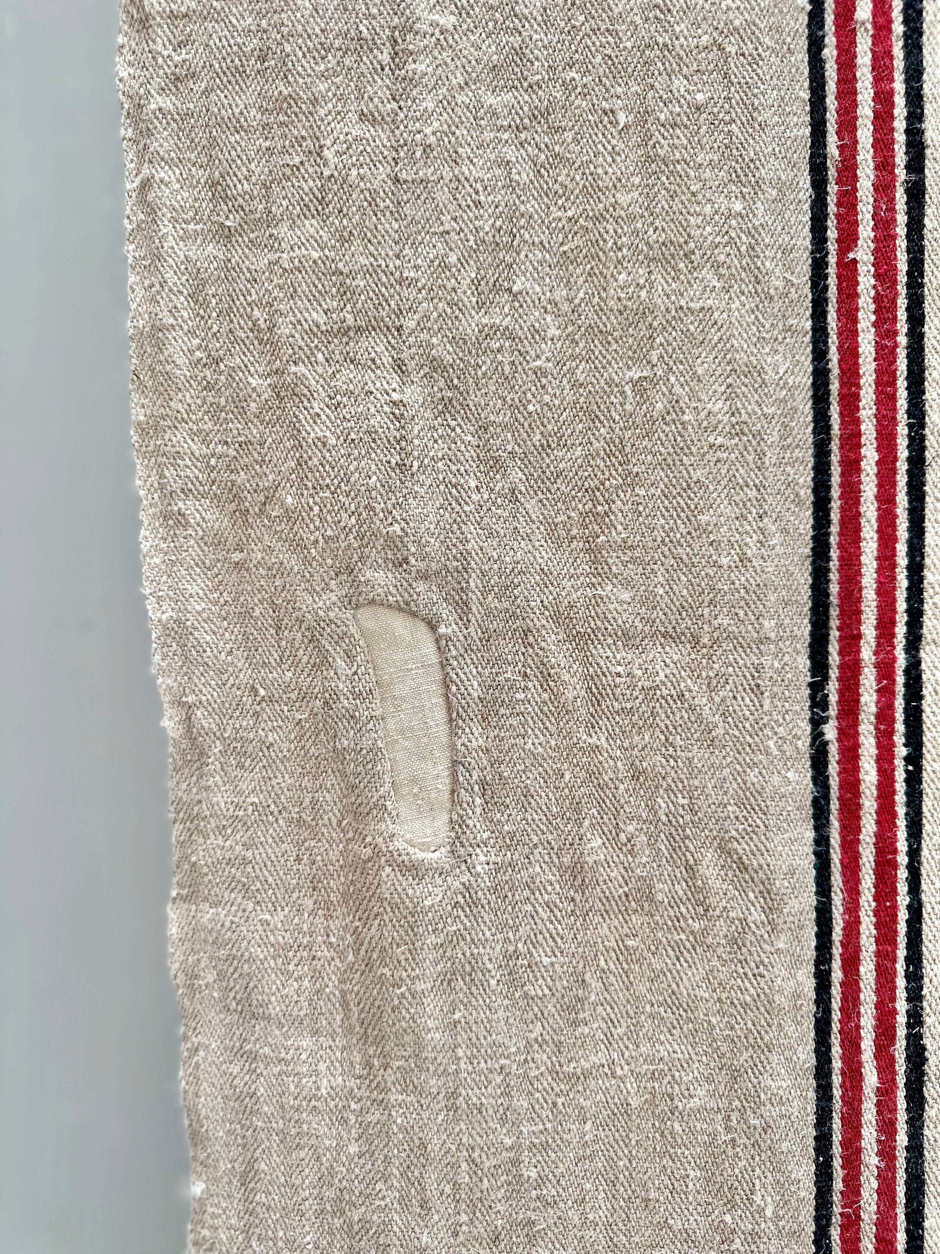 Grain-sack table runner- Black & red Stripe with patching