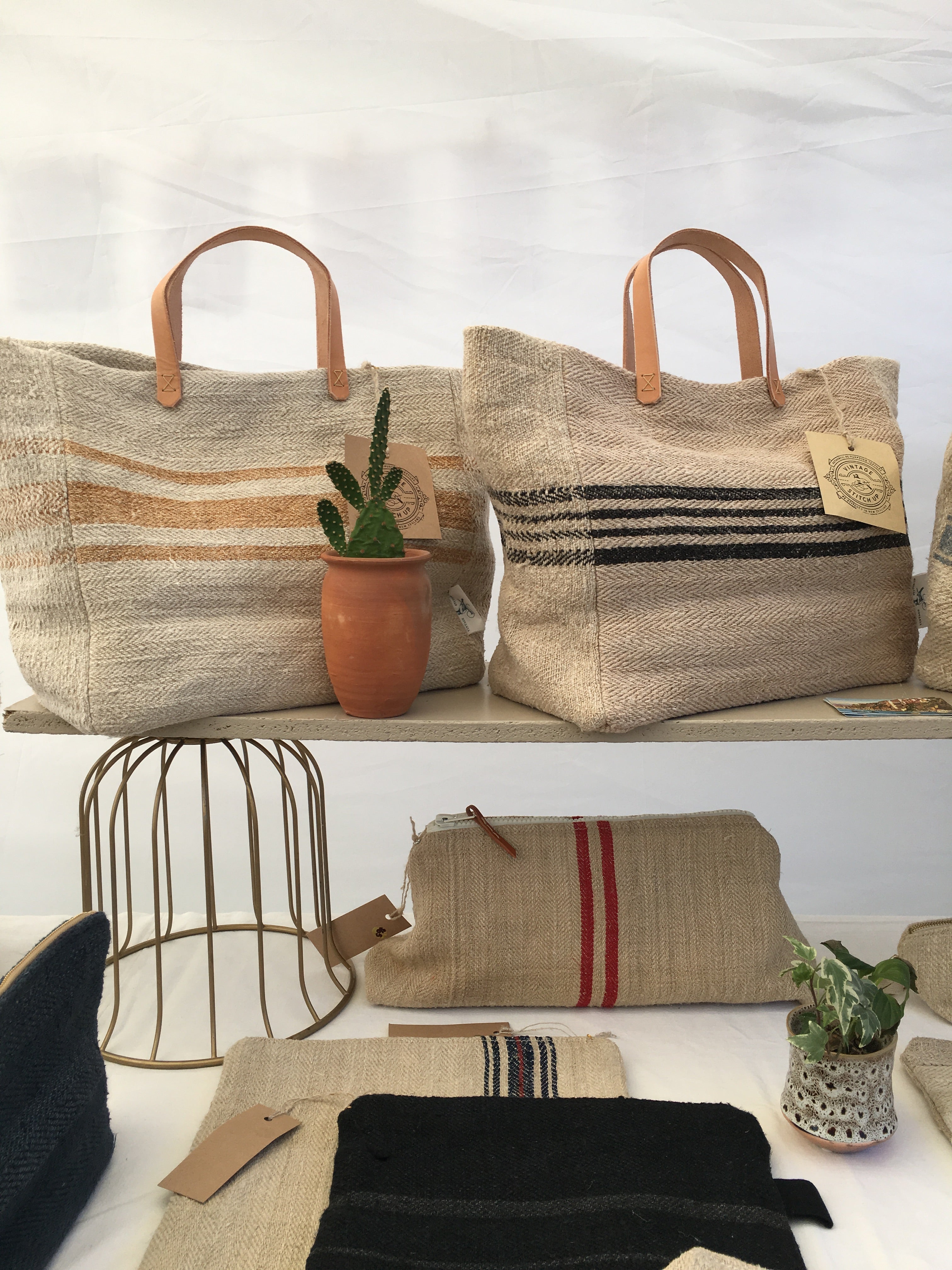 Grain-sack market tote- Blue stripe