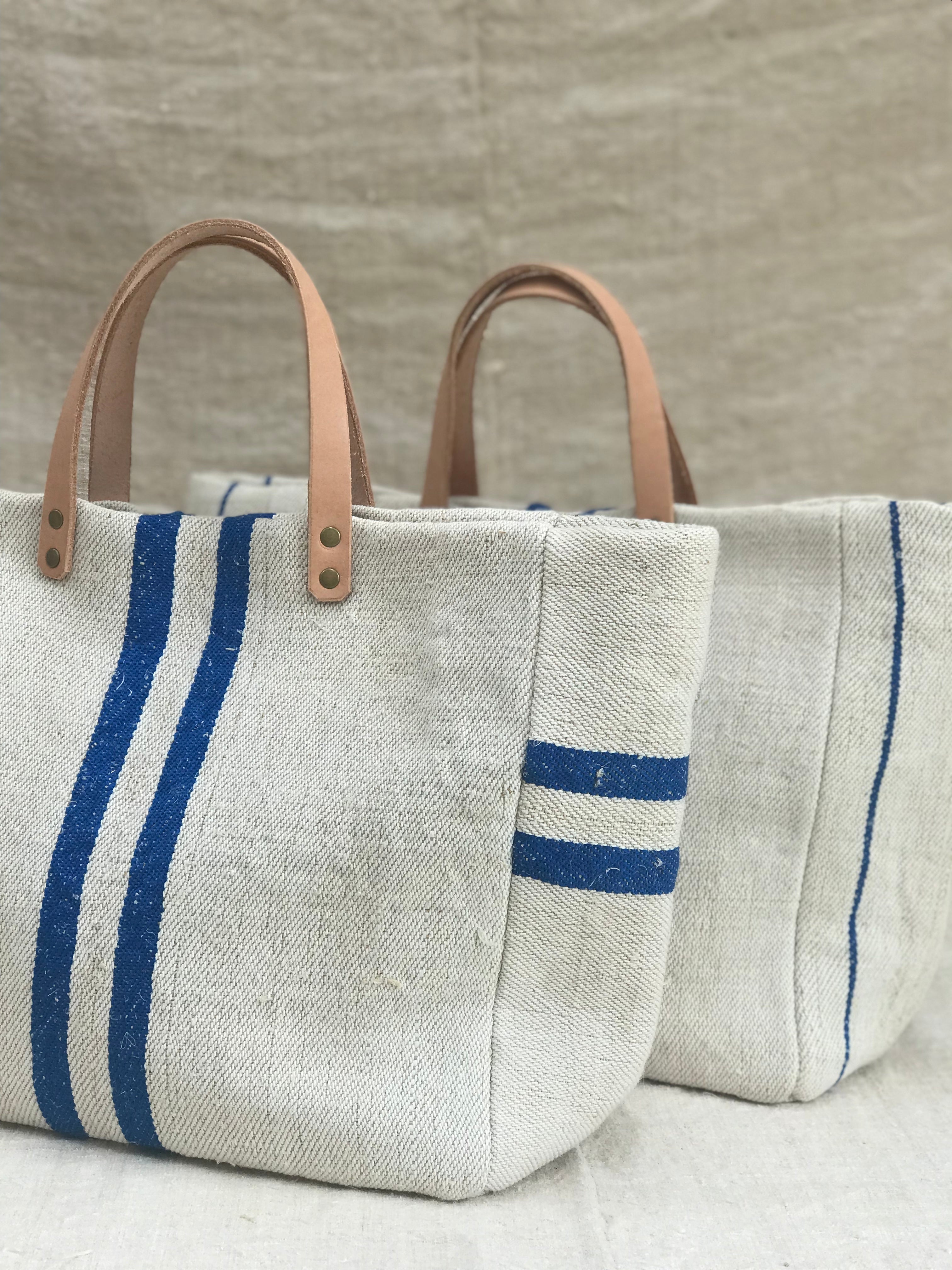 Grain-sack market tote- Blue stripe