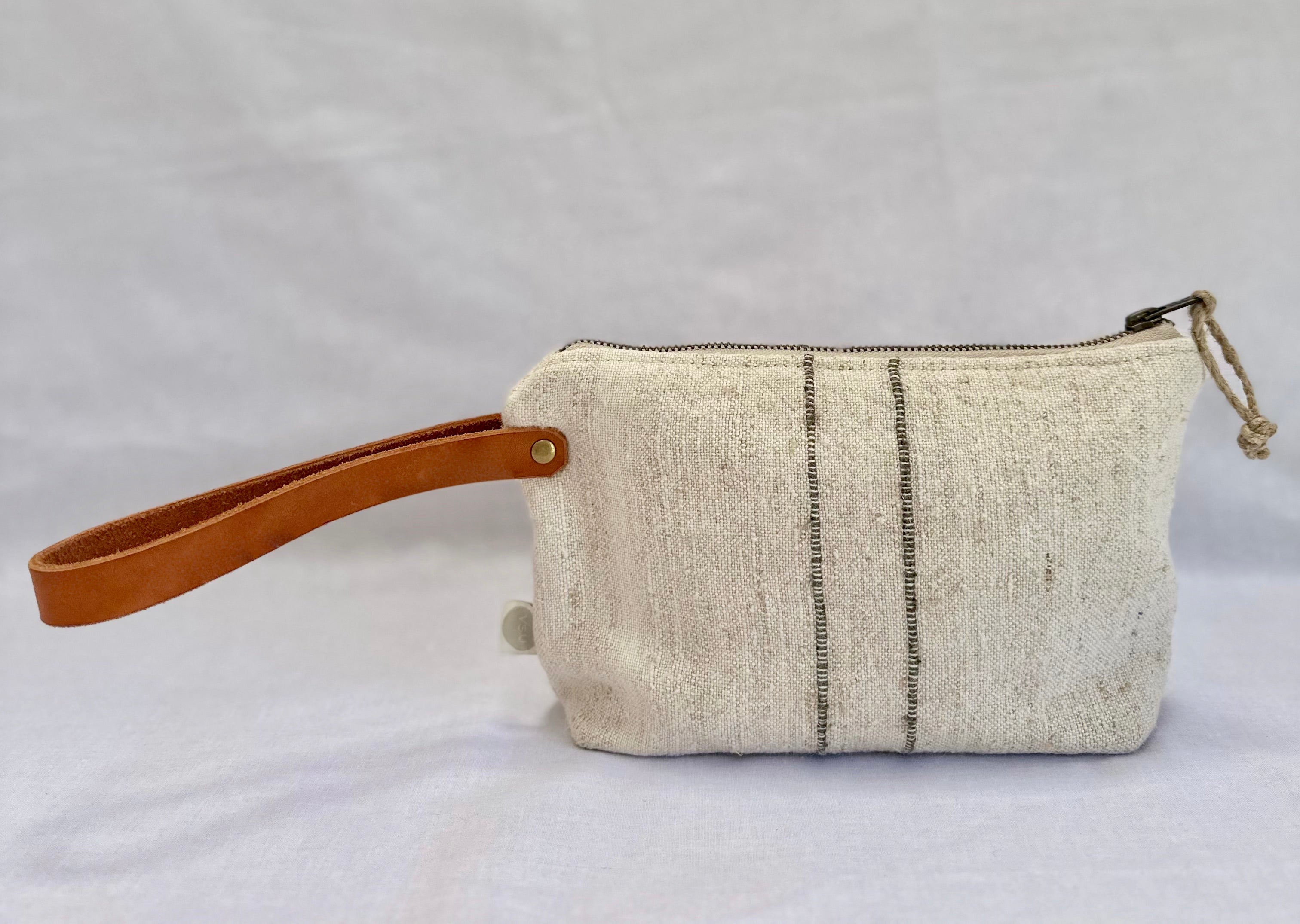 Grain-sack Workers Pouch with  Leather handle - olive green stripe