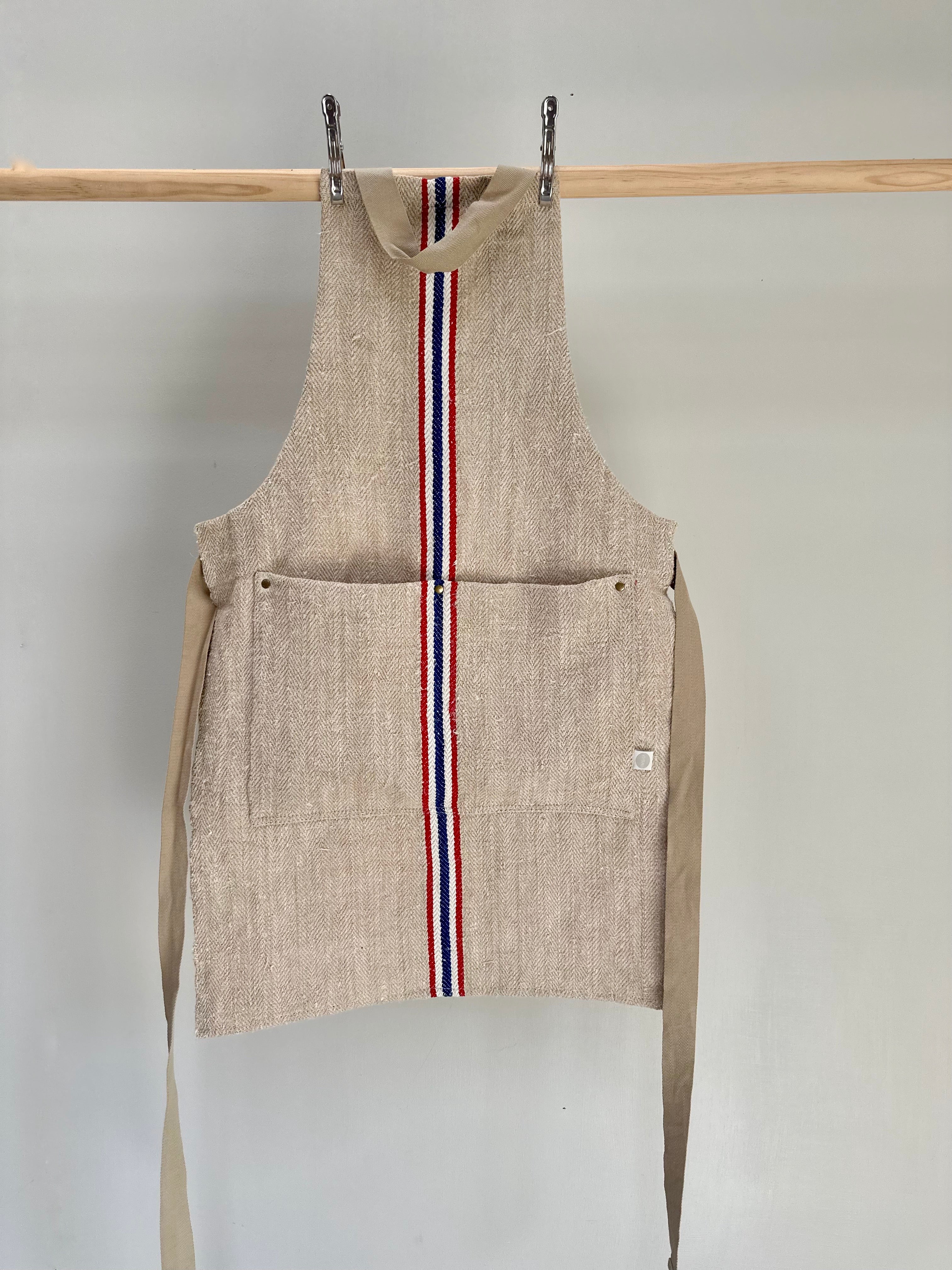 Original Heritage Grain-sack Apron front patch pocket Blue, white and red stripe