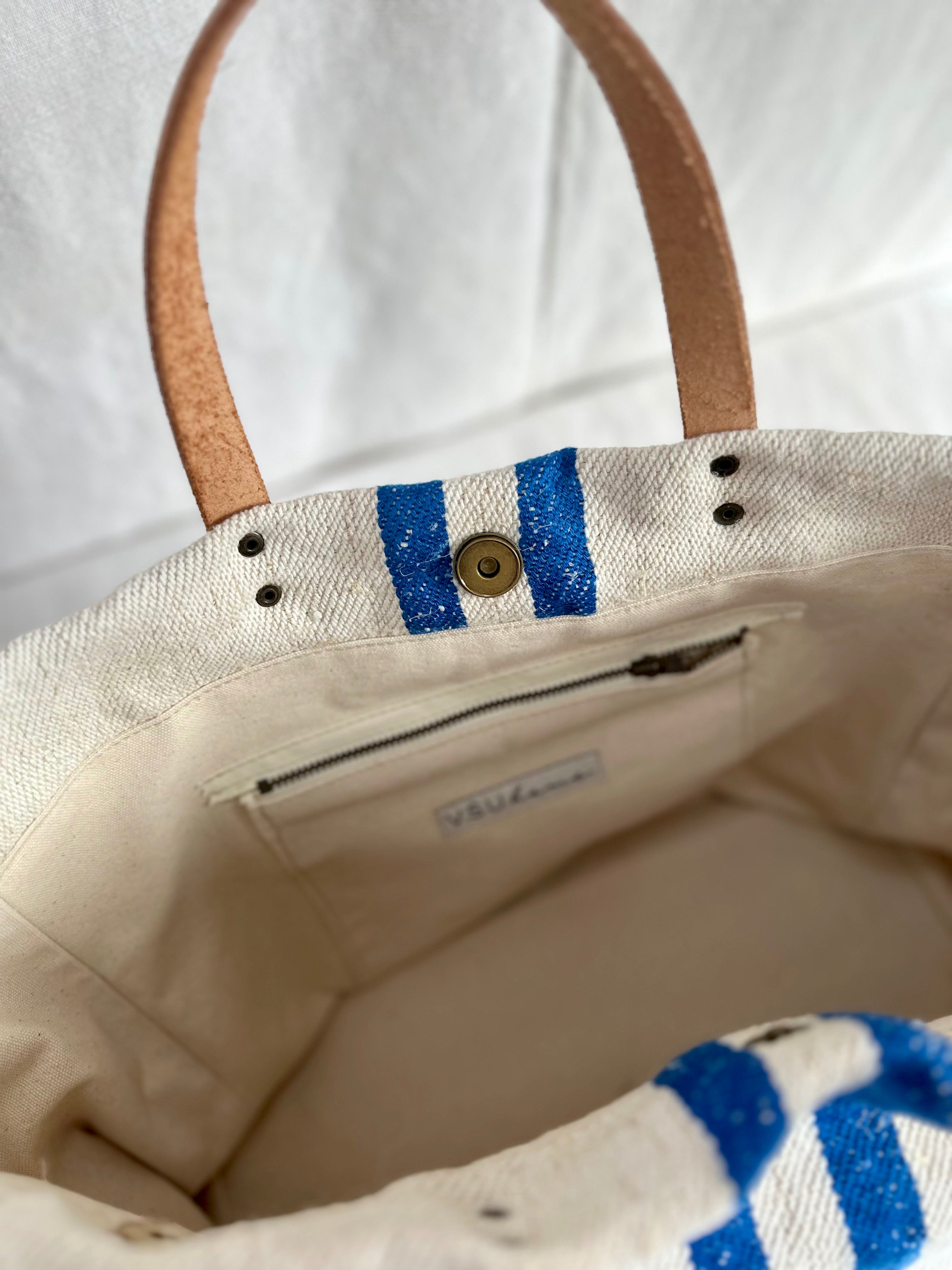 Grain-sack market tote- Blue stripe