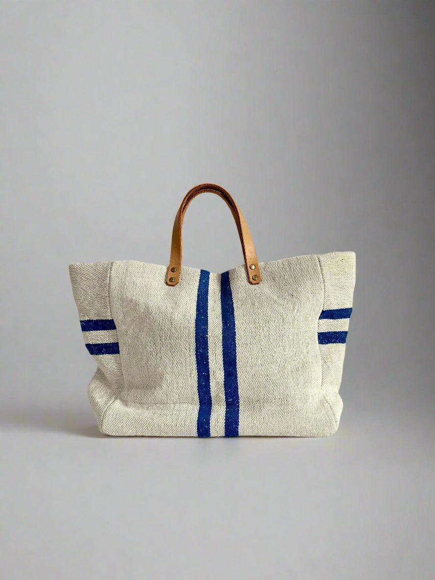 Grain-sack market tote- Blue stripe