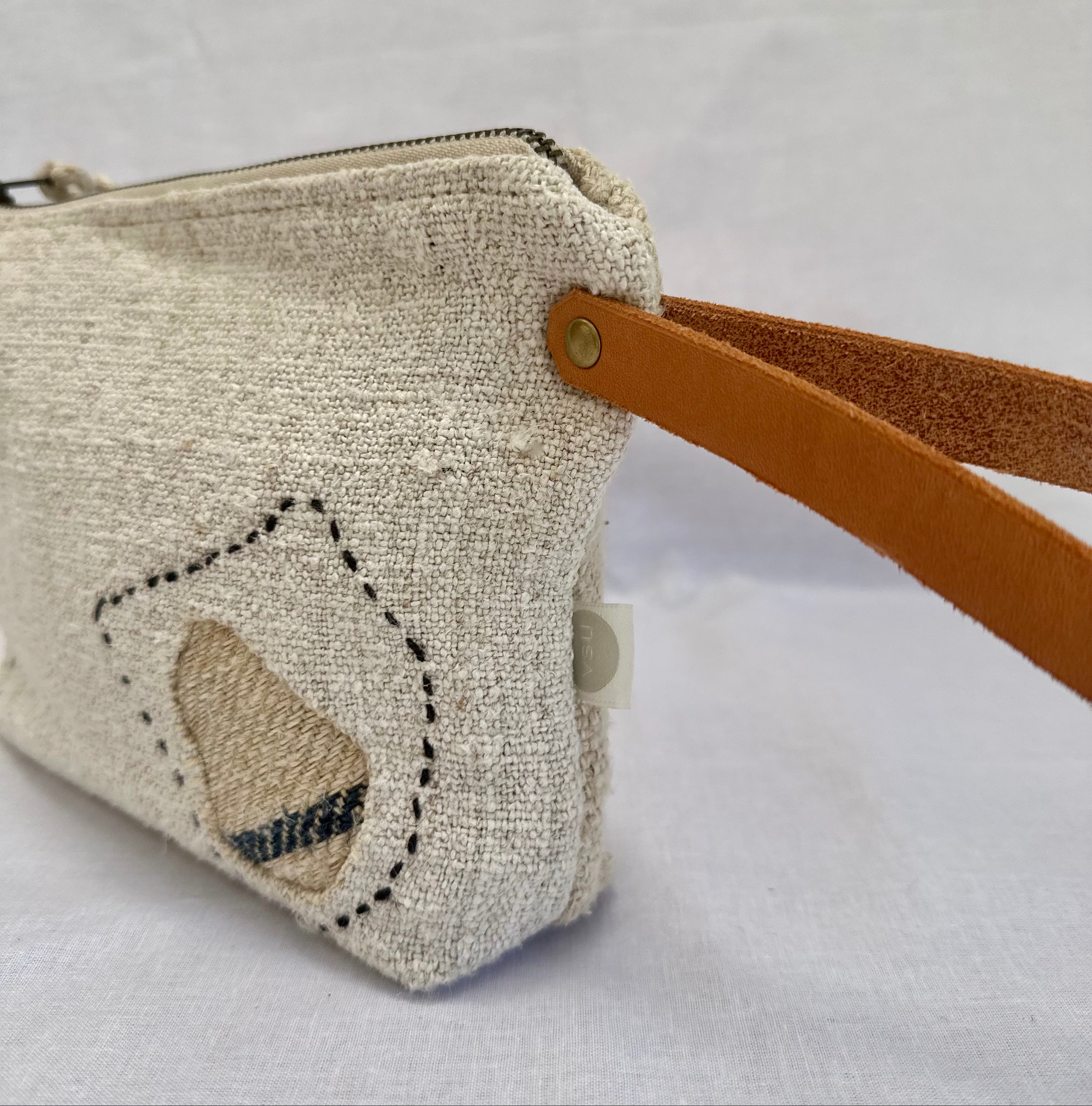 Grain-sack Boro inspired Workers Pouch with  Leather handle