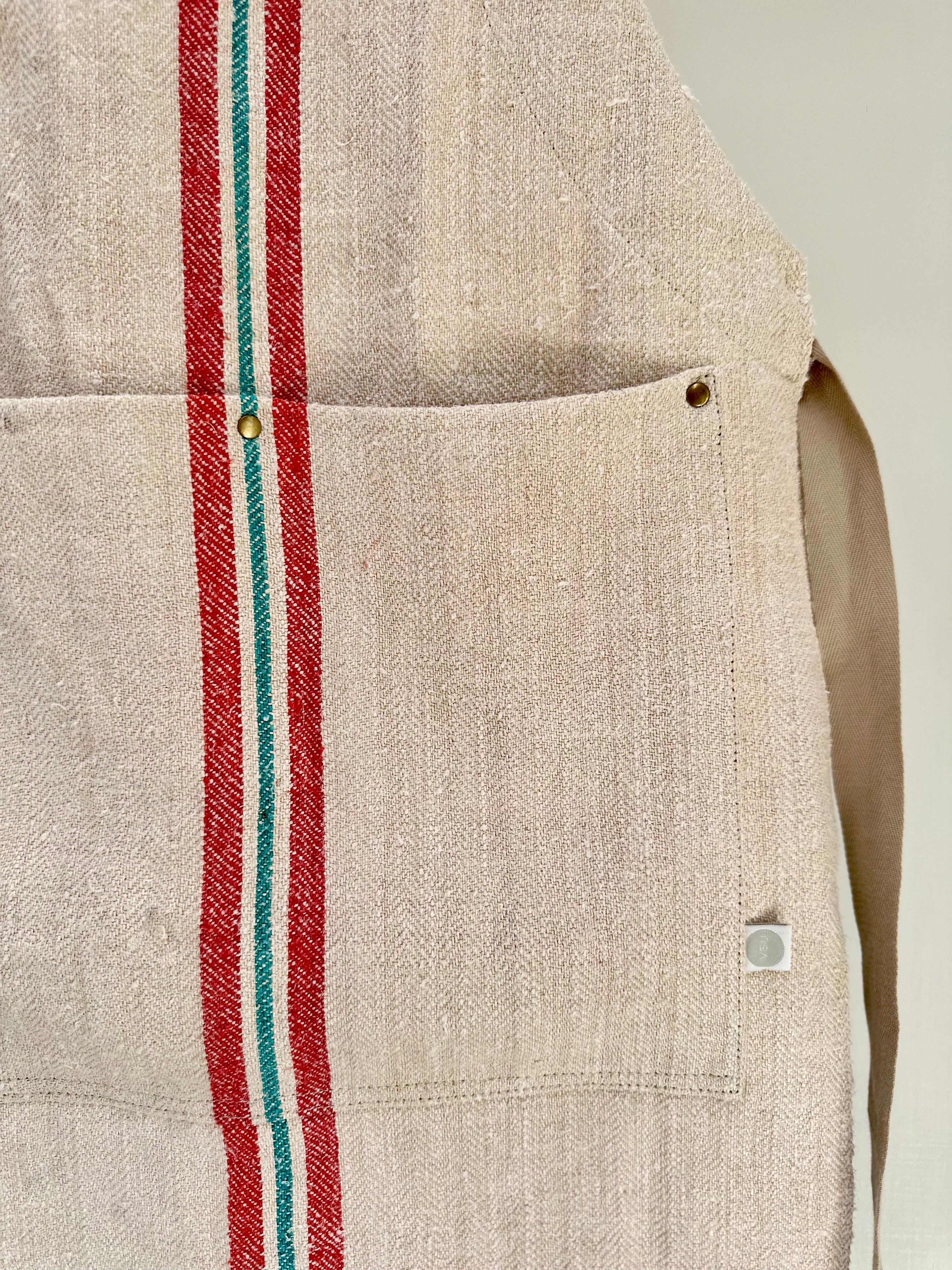 Original Heritage Grain-sack Apron front patch pocket Green and red stripe