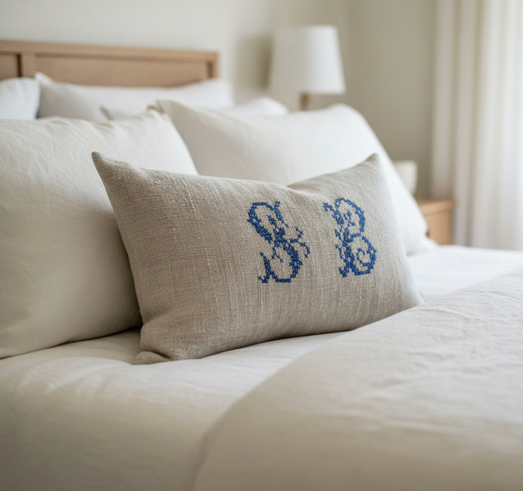 Grain-sack cushion with 'S.B' monogram- blue