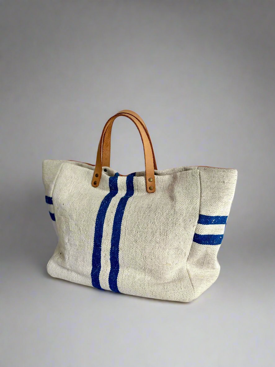 Grain-sack market tote- Blue stripe