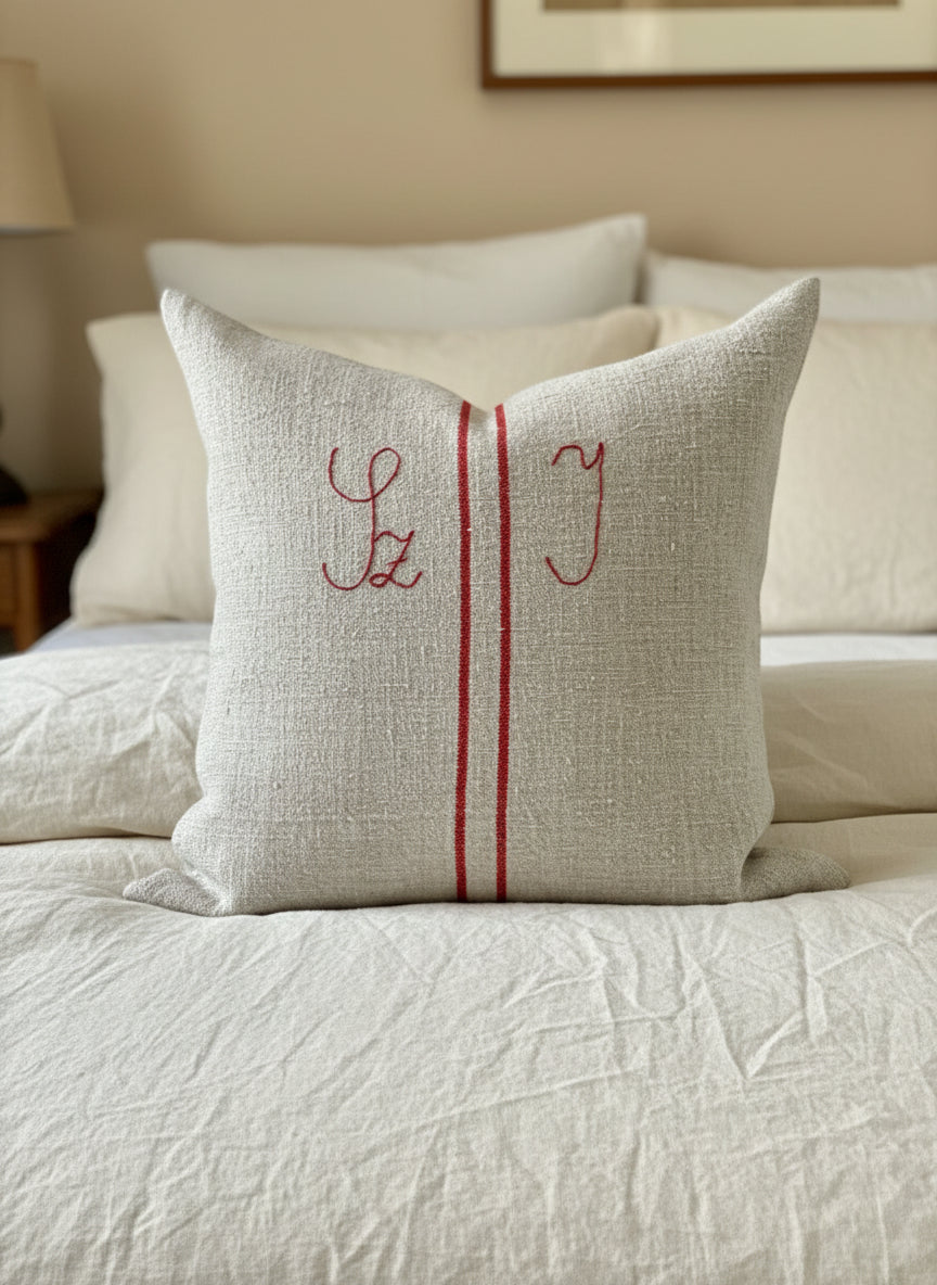 Grain-sack cushion with original monogram "S Z I"