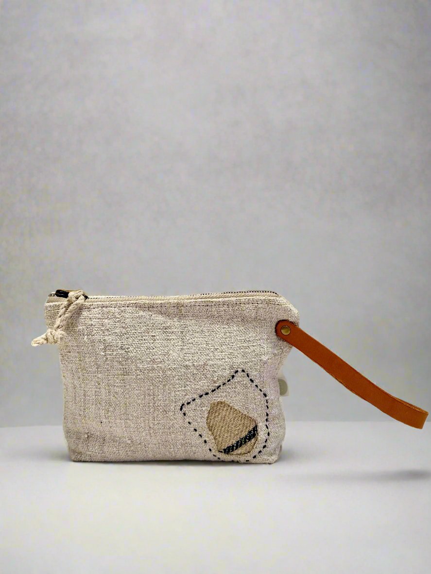 Grain-sack Boro inspired Workers Pouch with  Leather handle