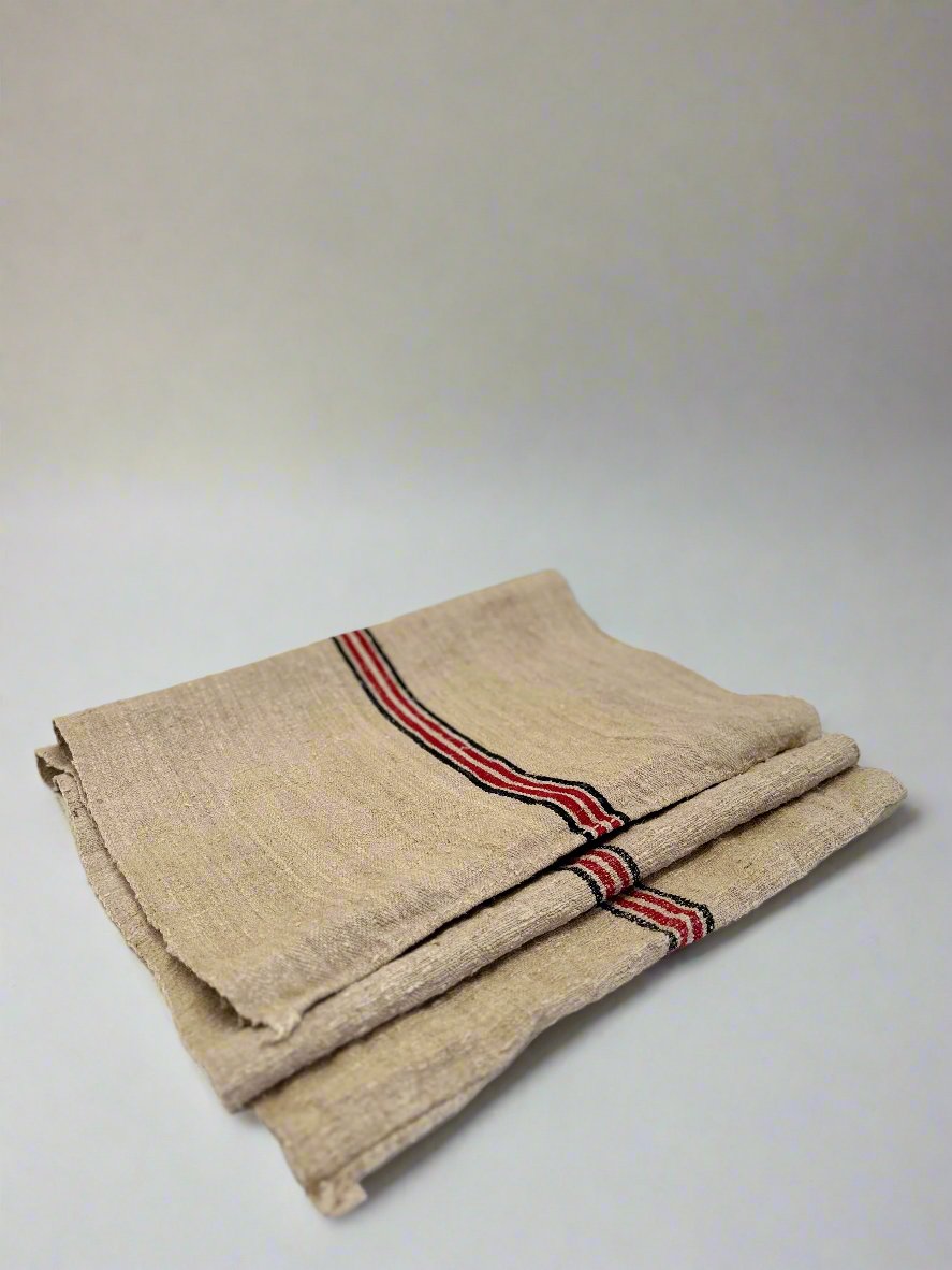 Grain-sack table runner- Black & red Stripe with patching