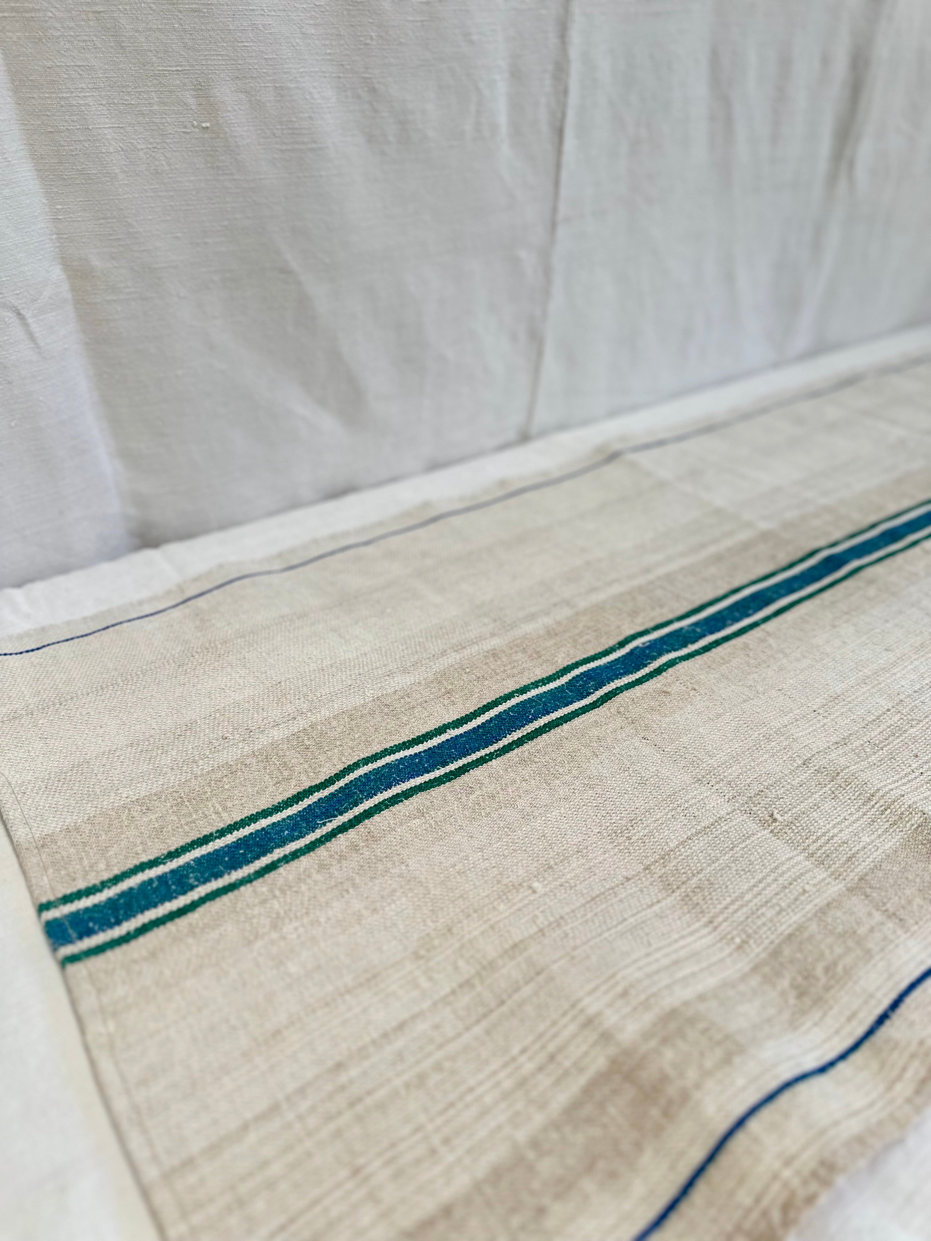 Grain-sack table runner- Green/ blue stripe