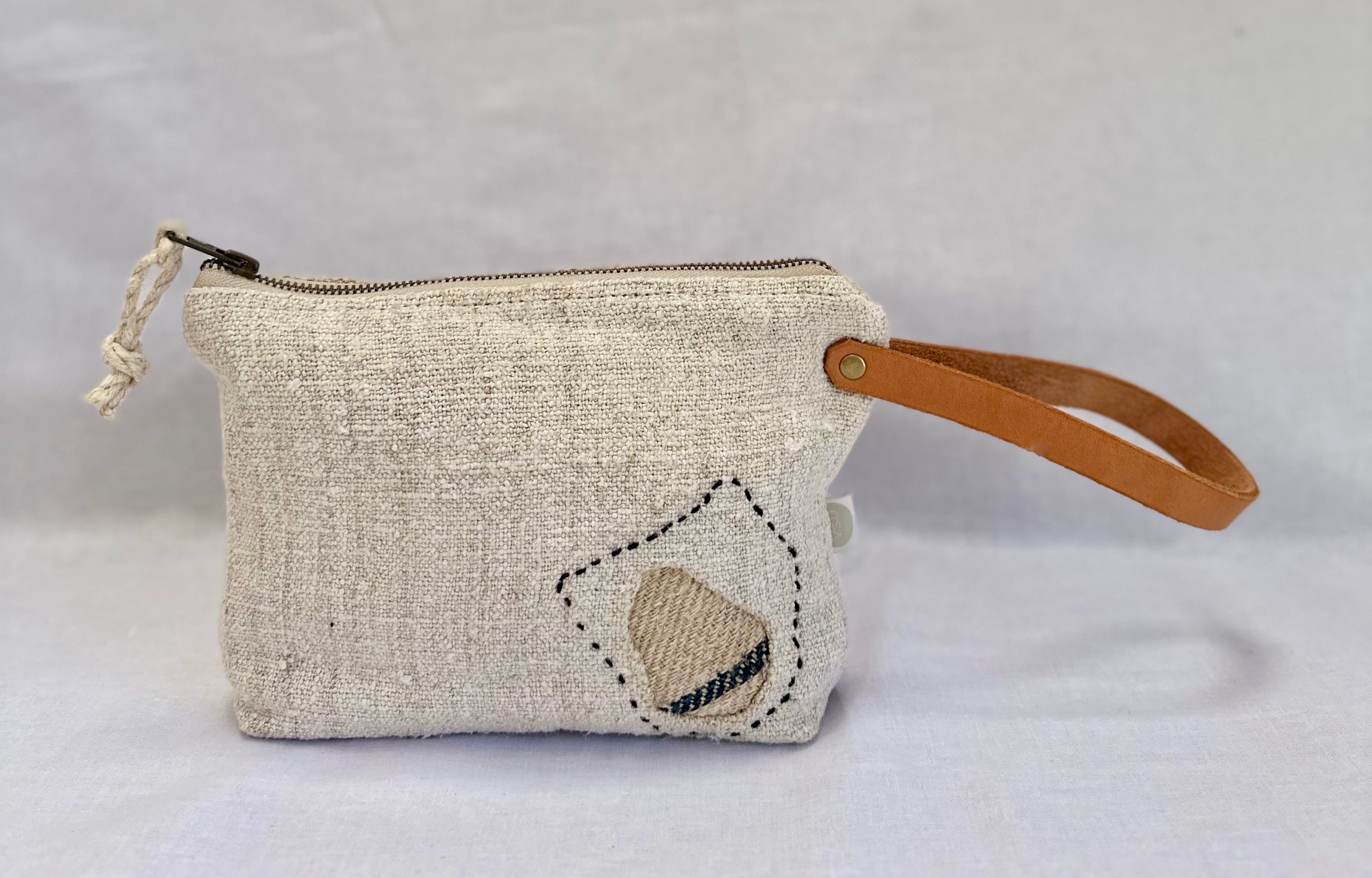 Grain-sack Boro inspired Workers Pouch with  Leather handle