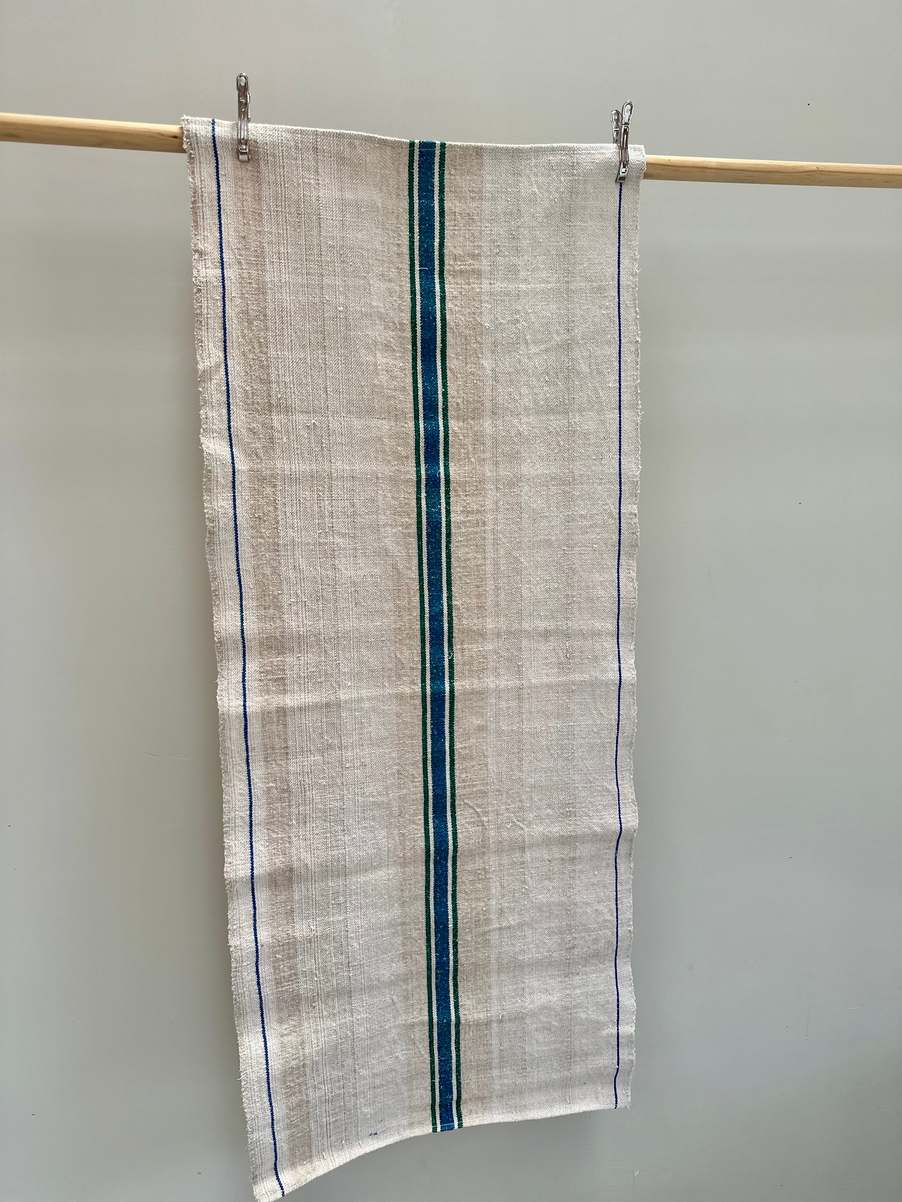 Grain-sack table runner- Green/ blue stripe