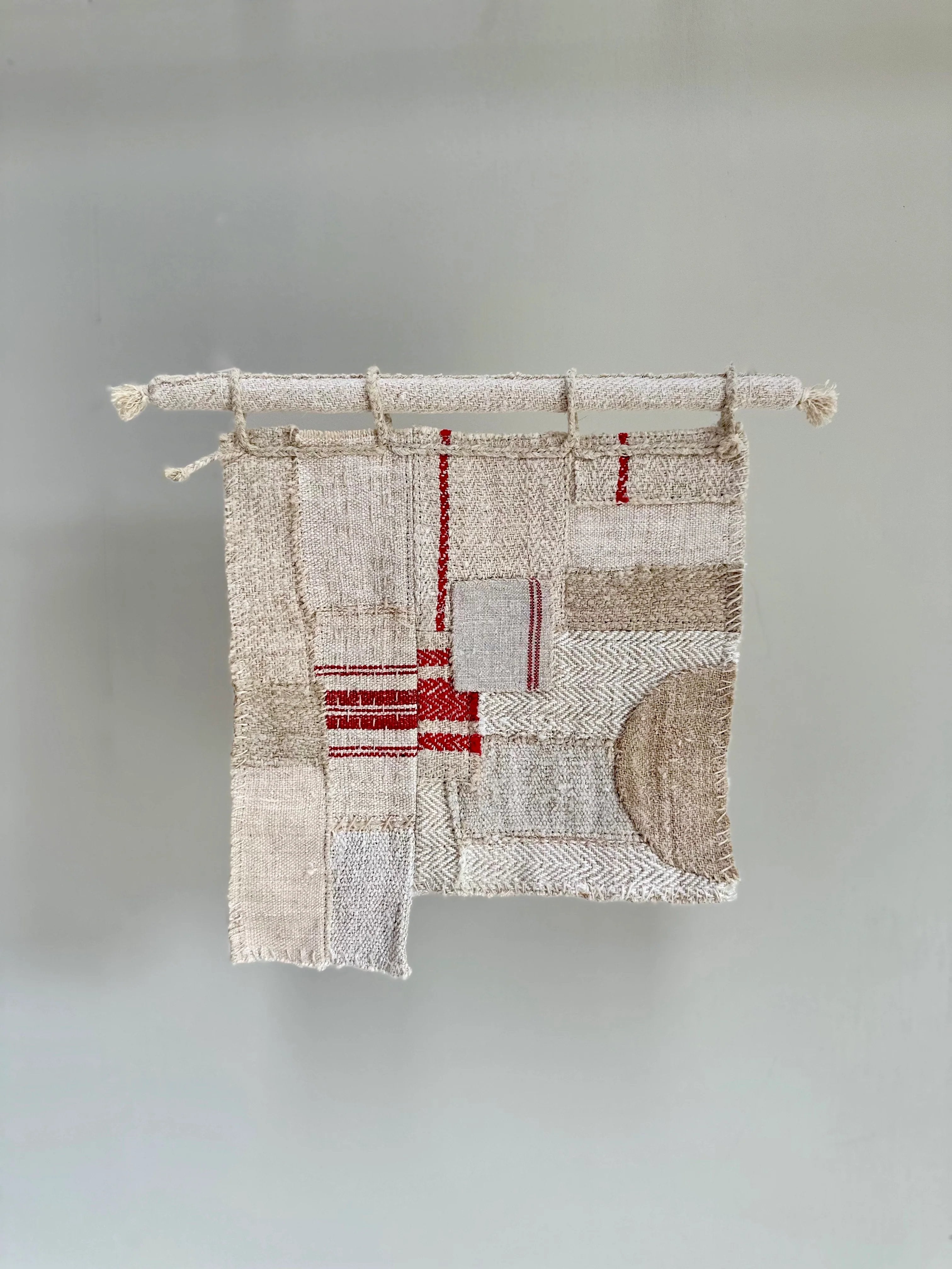 'Trove of Red' Miniature grain-sack patched art on bar