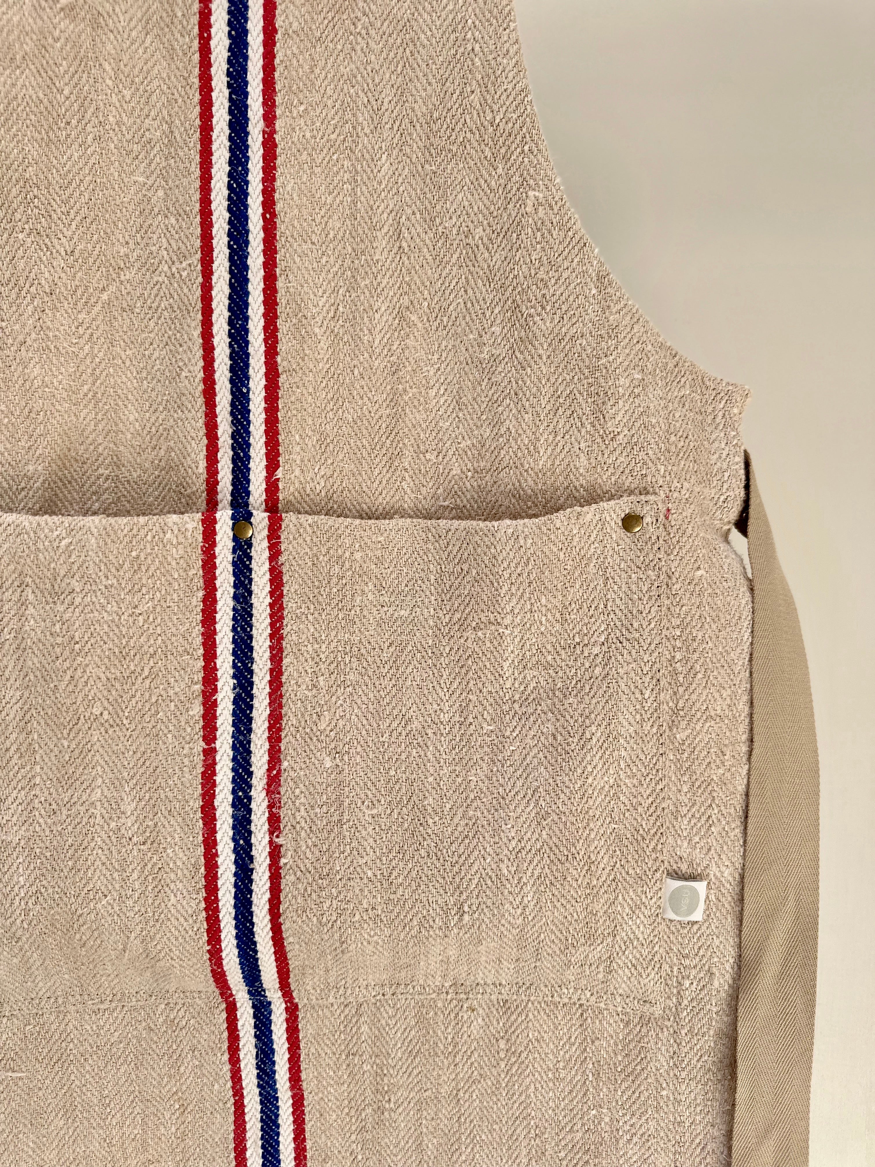 Original Heritage Grain-sack Apron front patch pocket Blue, white and red stripe